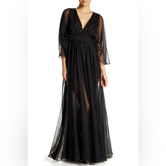 Lotus Threads Black Chiffon Maxi Overlay Lace Romper Gown - Picture 3 of 5